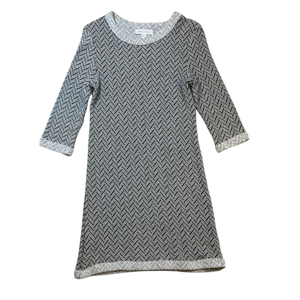 Amour Vert Herringbone Mini Sweater Dress Black Cream Small Like New 3/4 Sleeve